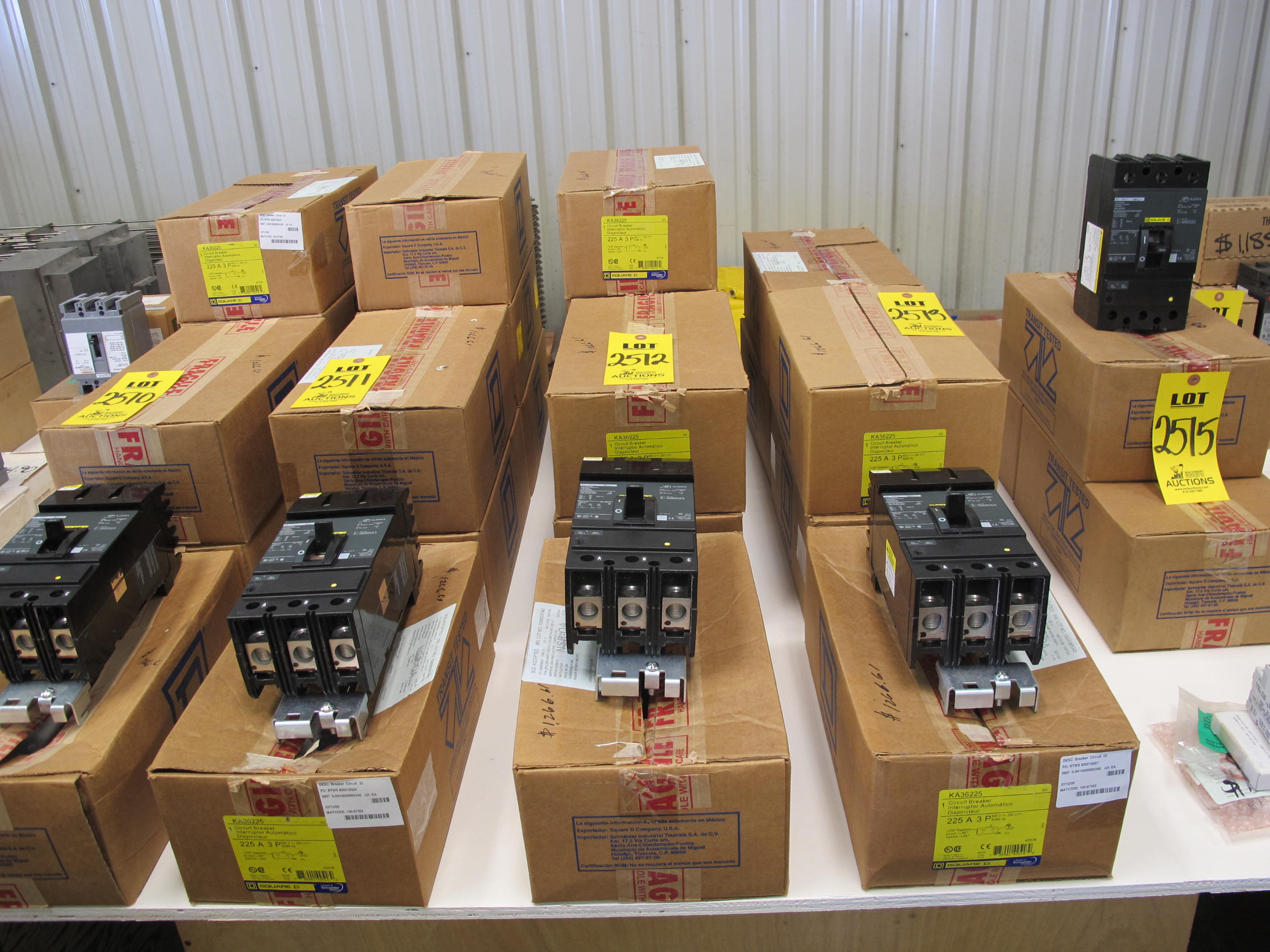 LOT (6) BREAKERS, CIRCUIT TYPE, 225 AMP RATING, 600 AC/250 DC VOLT RATING, 3 POLE, THERMAL MAGNETIC KIND. MOLDED CASE, 225KA FRAME. STATEMENT VENDOR IS AUTHORIZED MFR REPRESENTATIVE DOCUMENT MCCB IS DIRECTLY TRACEABLE TO MFR, PART # KA36225 (W-44) LOADING & HANDLING FEE $5-